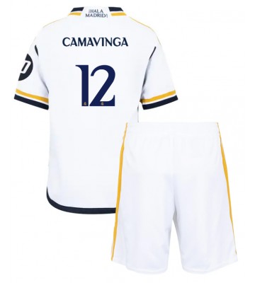 Real Madrid Eduardo Camavinga #12 Primera Equipación Niños 2023-24 Manga Corta (+ Pantalones cortos)